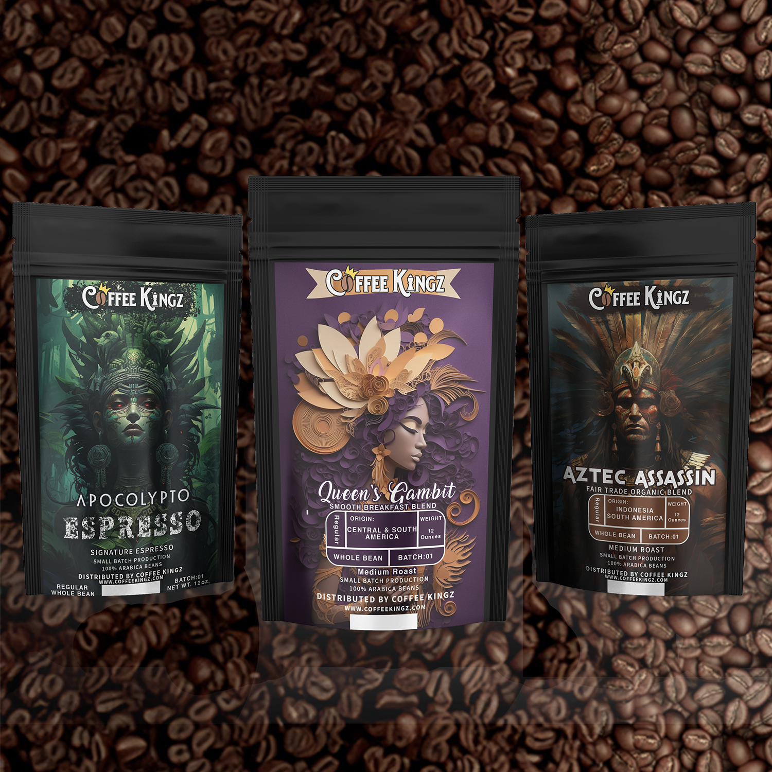 Three bags of "coffee kingz" brand coffee with unique artistic labels, featuring "apocalypto espresso," "queen's gambit blend," and "aztec assassin," set against a background of scattered coffee beans.