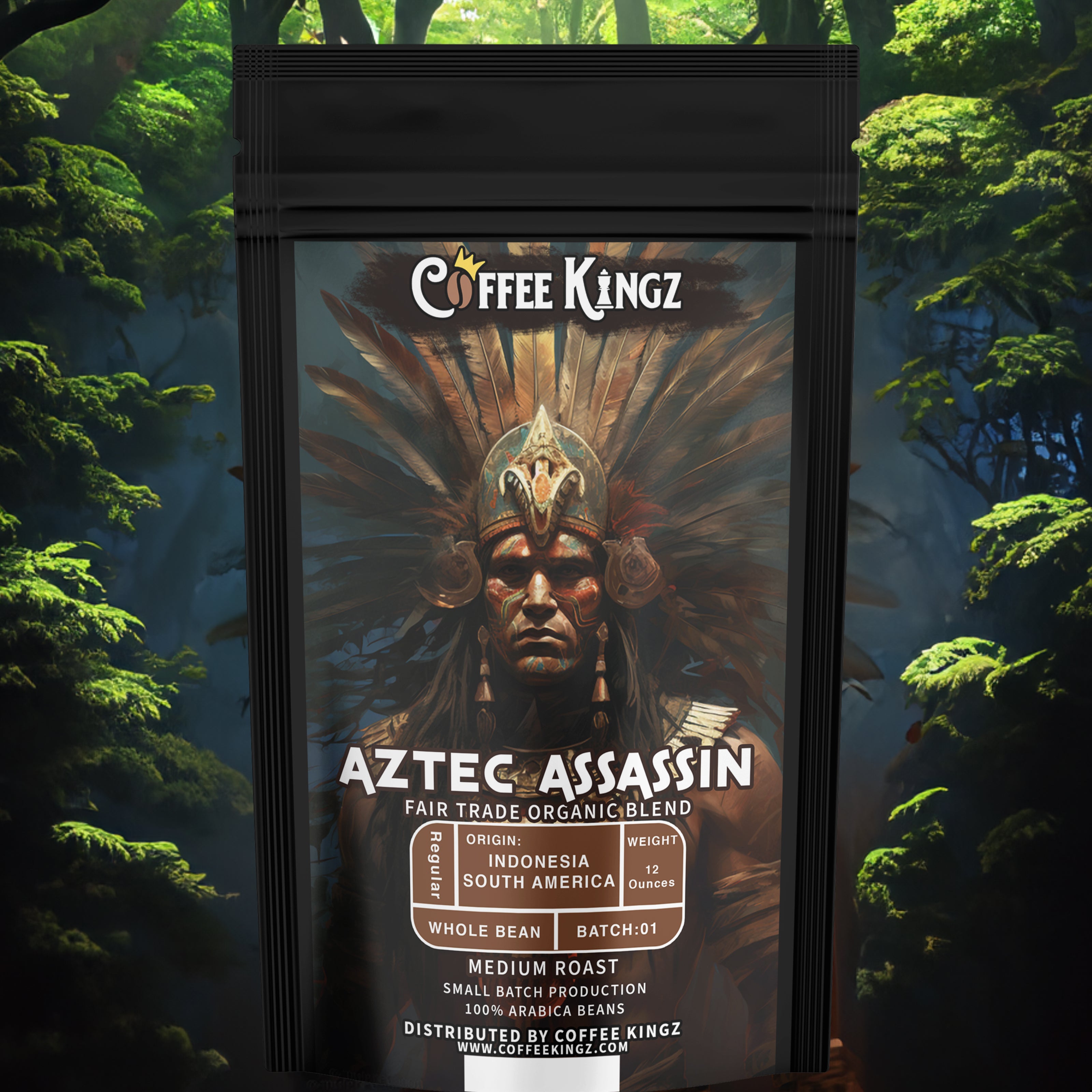A promotional image for "coffee kingz," featuring an artistic rendition of an Aztec warrior, advertising a fair trade organic blend called "Aztec Assassin" with a bold and exotic theme.