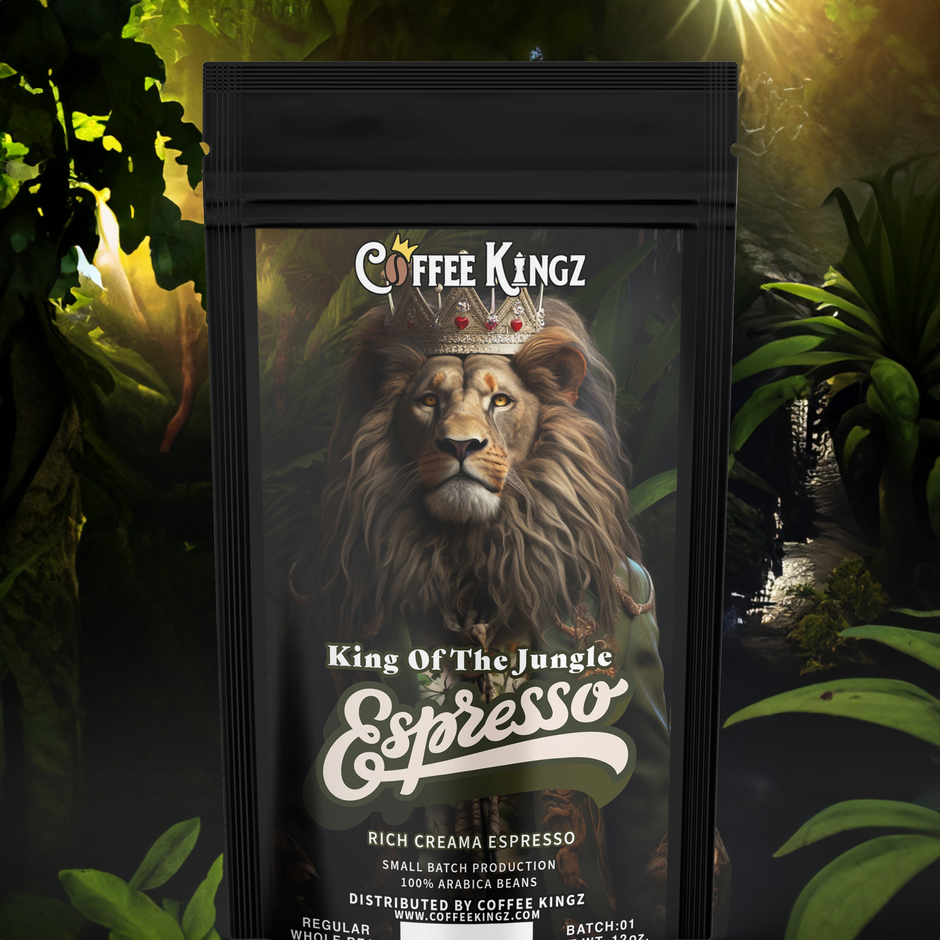 A majestic lion crowned and styled as a king amidst lush foliage promotes "king of the jungle espresso" by Coffee Kingz, highlighting its rich espresso, small-batch production, and 100% arab