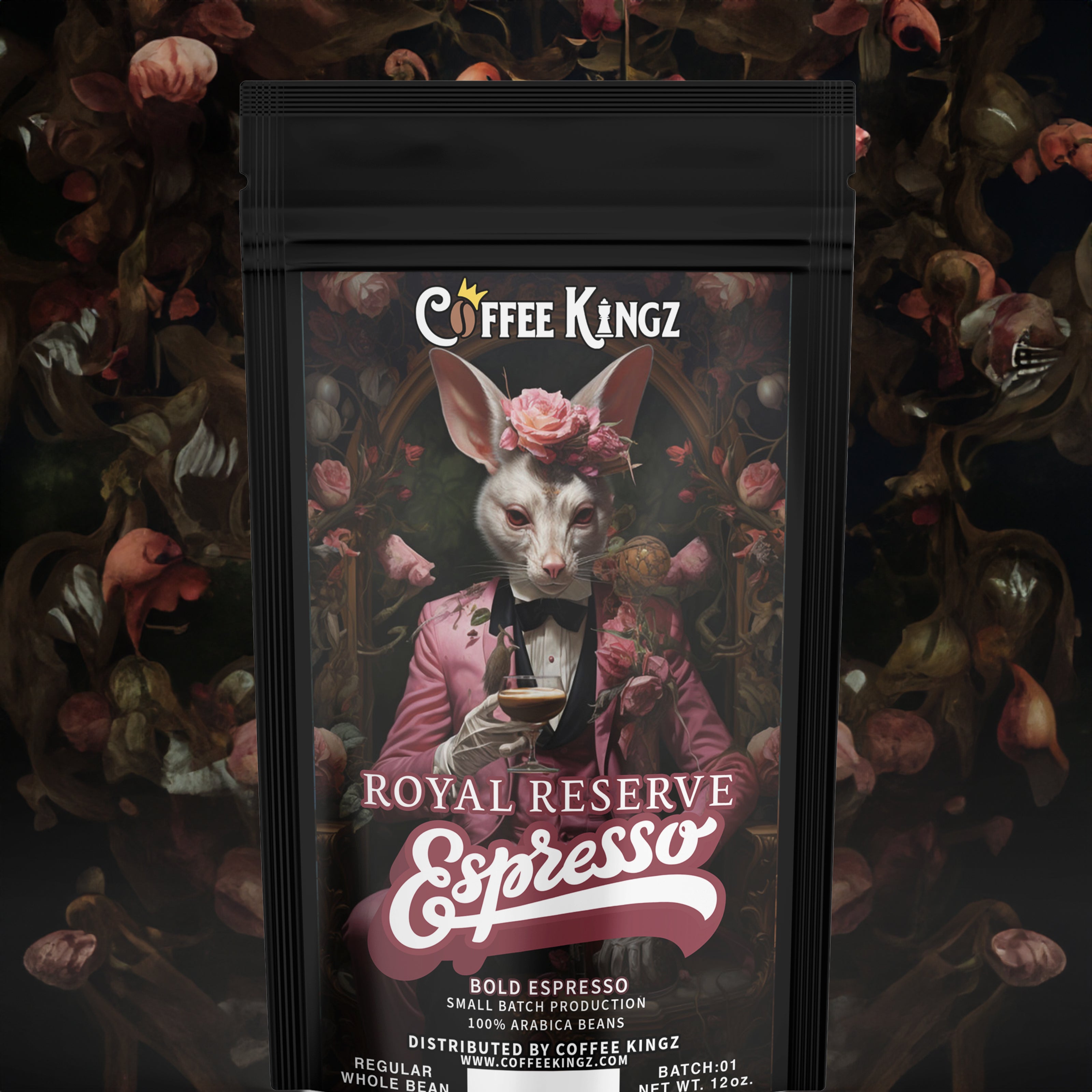 A regal package of Coffee Kingz royal reserve espresso featuring an anthropomorphized fox dressed in royal attire against a dark, floral backdrop, promising a bold espresso experience from a small batch production.