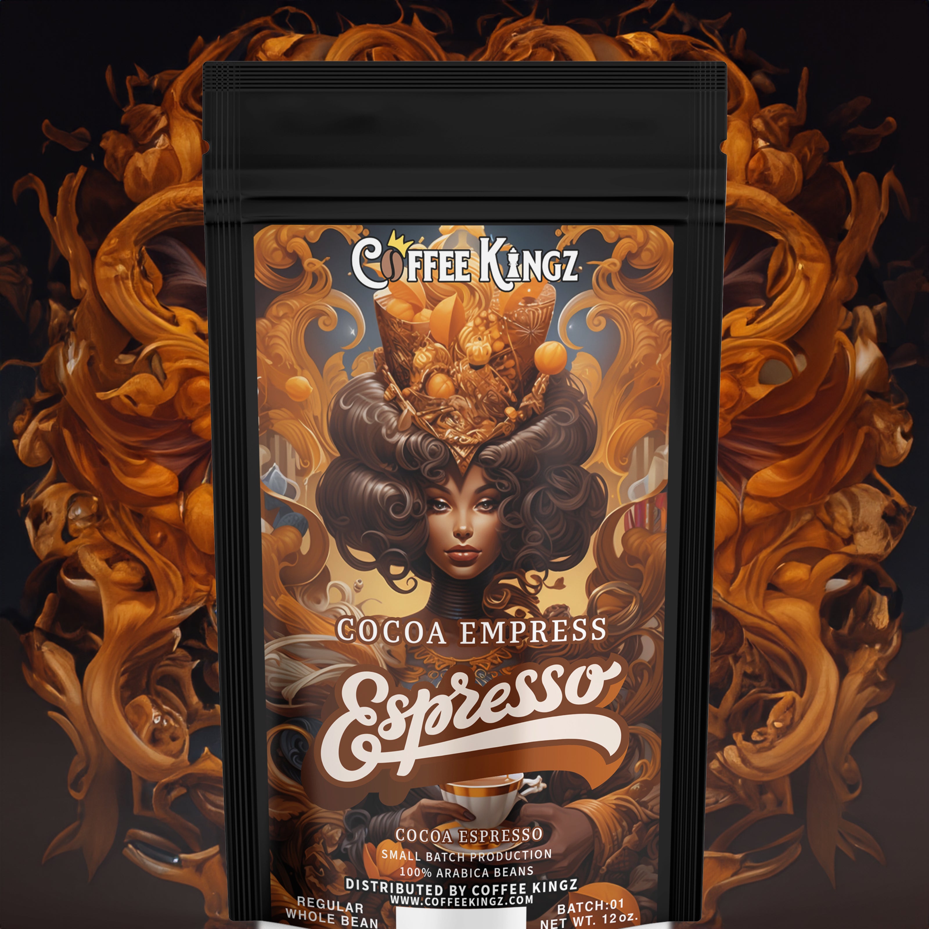 A package of "coffee kingz cocoa empress espresso" with an illustrated label featuring an ornate, regal character surrounded by swirling coffee bean motifs against a dramatic background of fiery coffee aroma.