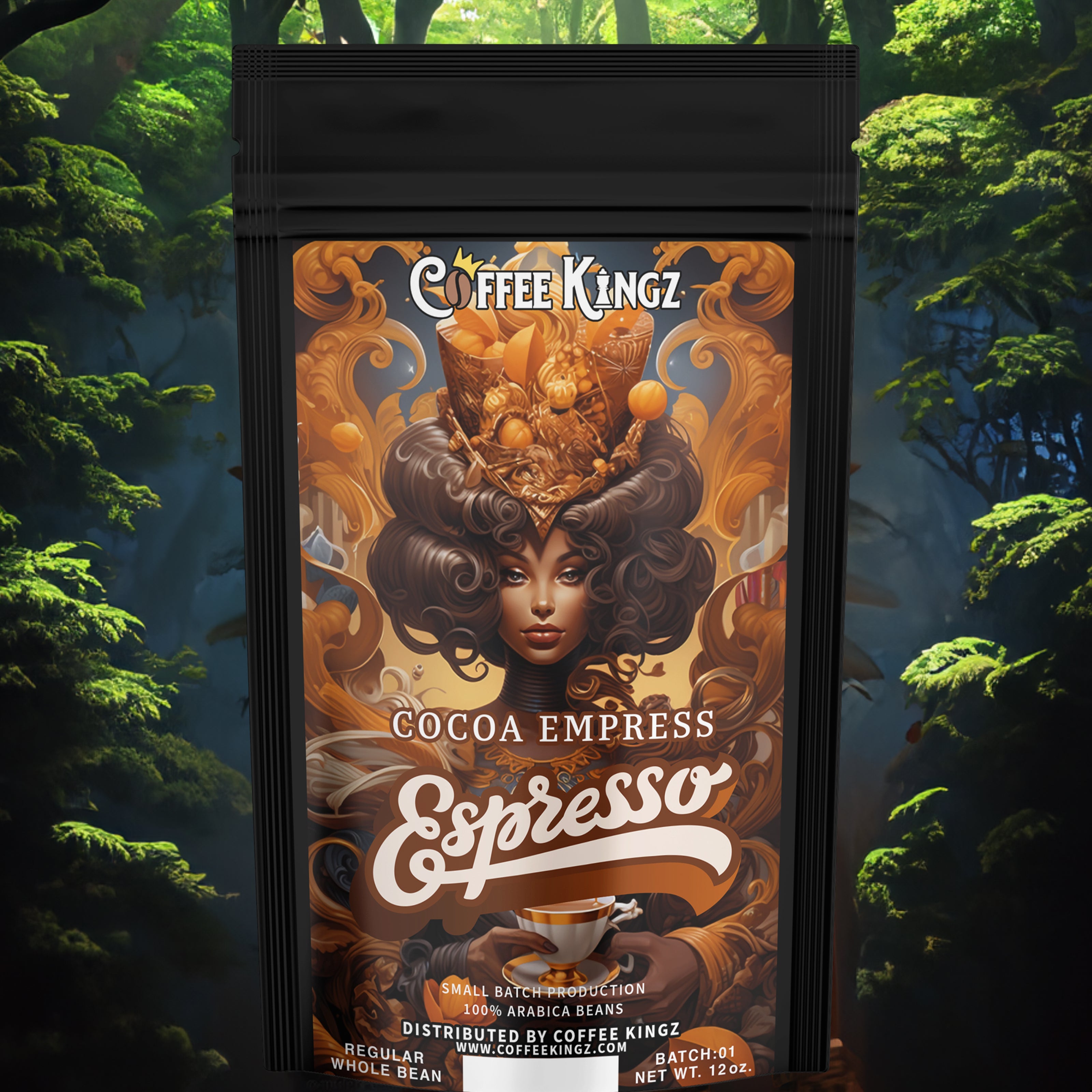 Cocoa Empress Espresso branding: Freshly ground & roasted on order. Artisanal coffee