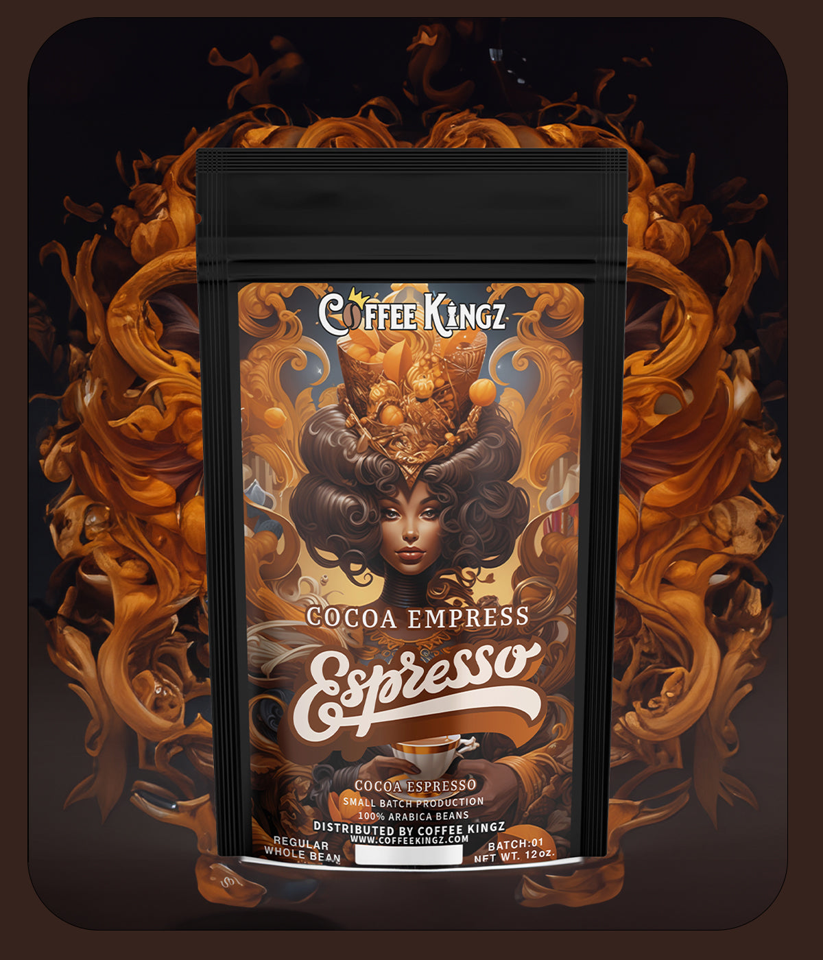 Cocoa Empress Espresso branding: Freshly ground & roasted on order. Artisanal coffee emphasizing freshness & customization.