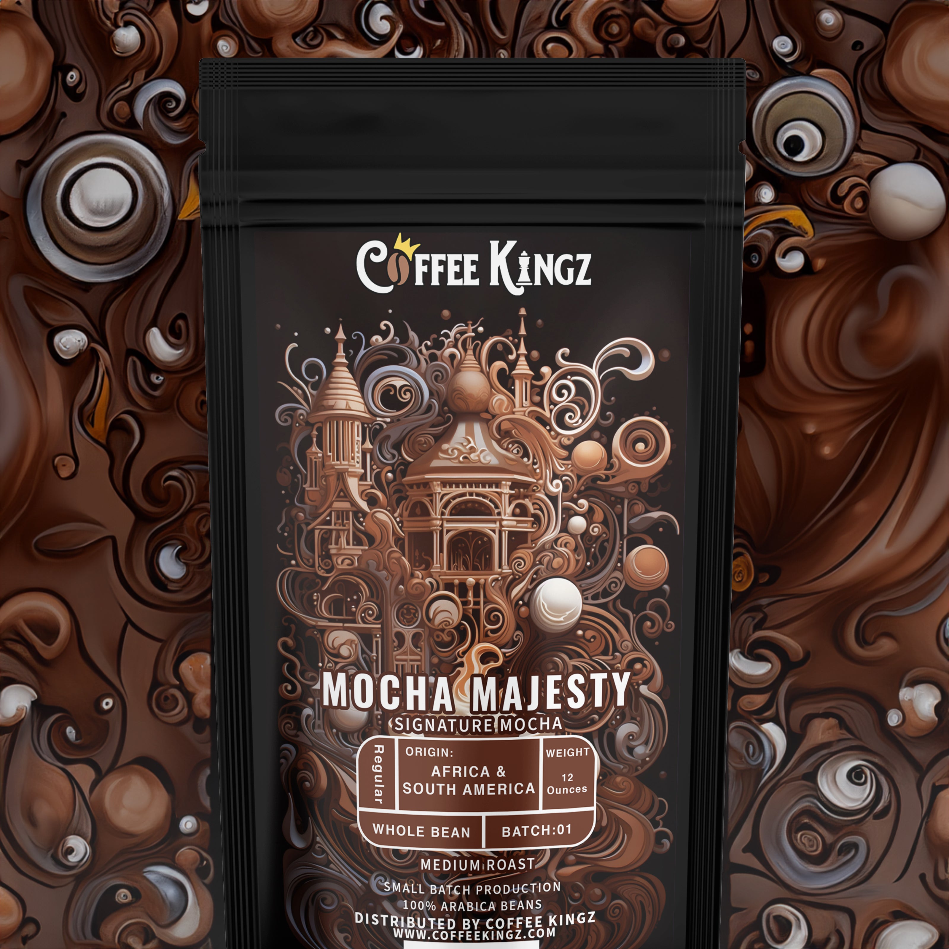 An intricately designed coffee label for "coffee kingz," featuring a mocha majesty flavor with origins in South America and Ethiopia, highlighting a rich and artistic presentation.