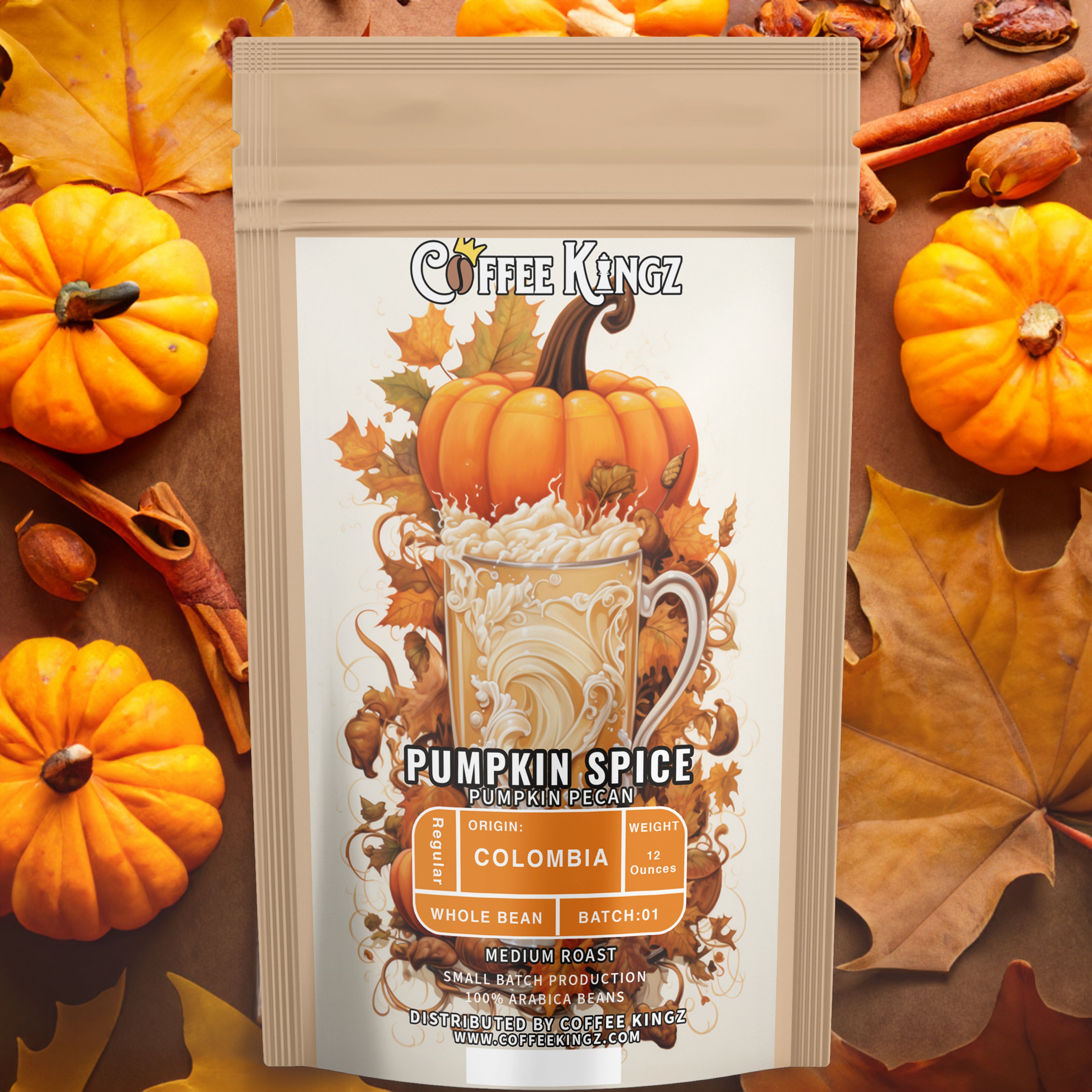 A limited-time festive bag of Coffee Kingz pumpkin spice pecan flavored coffee beans, medium roast, surrounded by autumn leaves and pumpkins, evoking a cozy, fall atmosphere.
