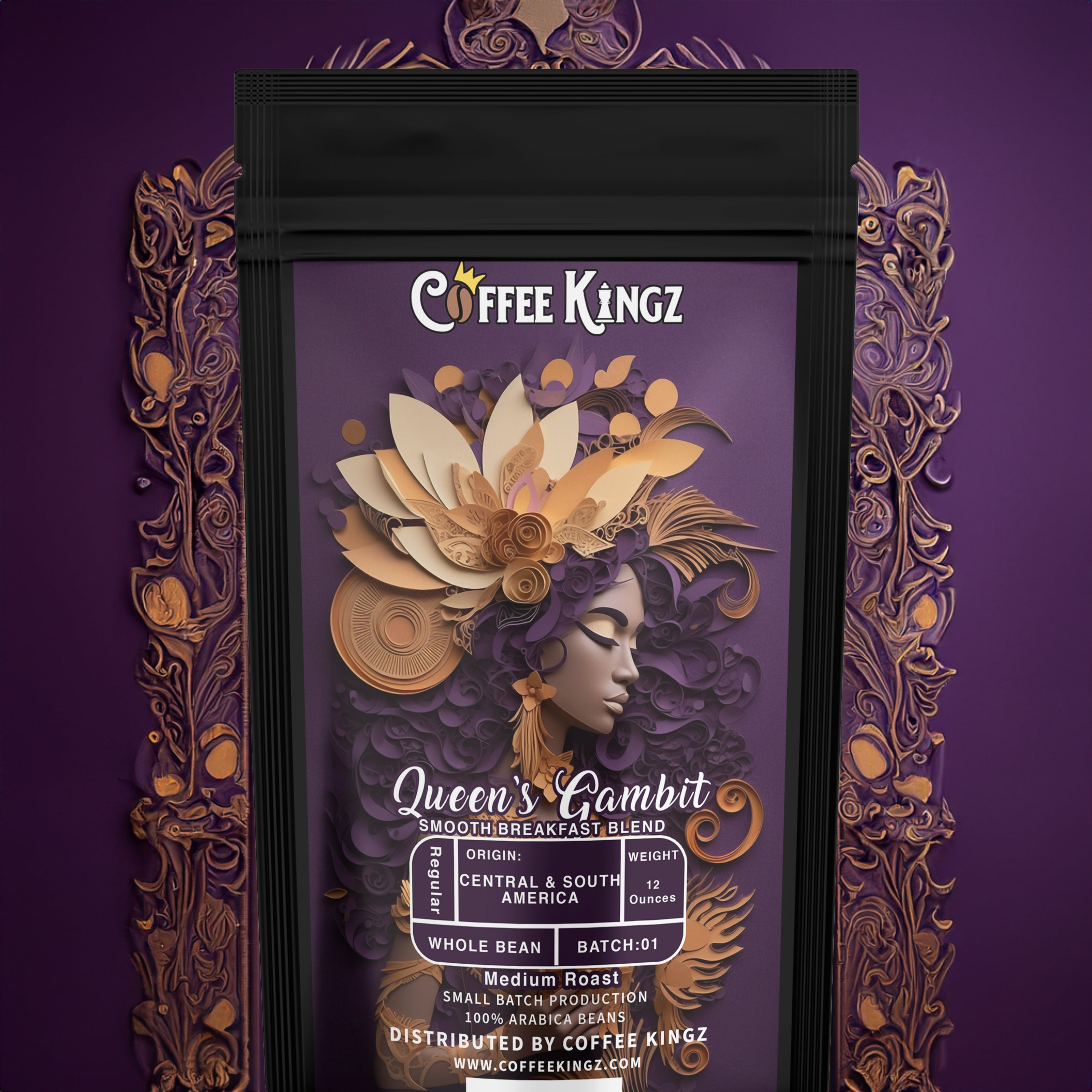  Coffee kingz presents queen's gambit, a smooth breakfast blend of whole bean coffee with artistic floral and chess-themed packaging design.
